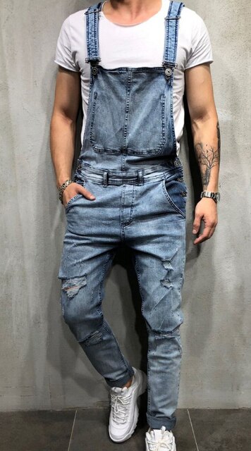Men's Ripped Denim Overall Jumpsuit