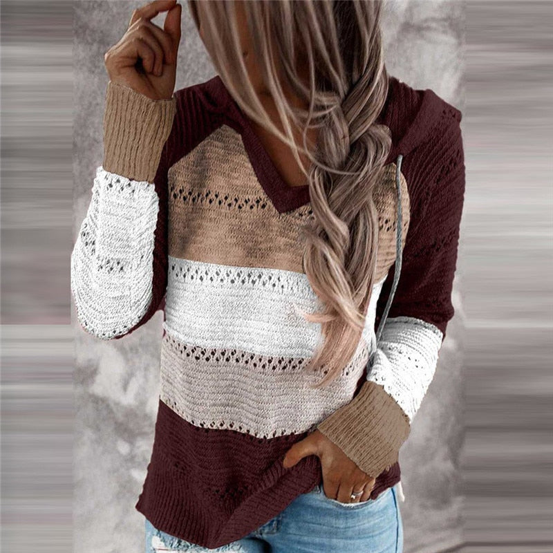 Women’s Hooded Long Sleeve V-neck Patchwork Knitted Sweater