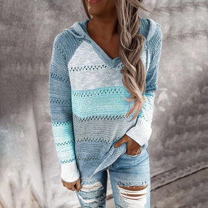 Women’s Hooded Long Sleeve V-neck Patchwork Knitted Sweater