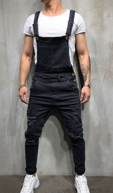 Men's Ripped Denim Overall Jumpsuit