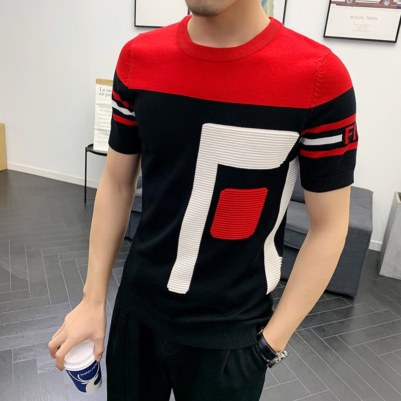 Men’s F Camiseta Slim Fit Short Sleeved Knitting T-Shirt