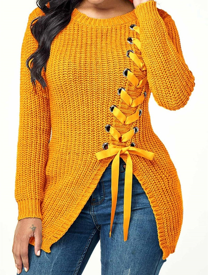 Women’s Laced Up Side Slit Pullover Knitted Sweater