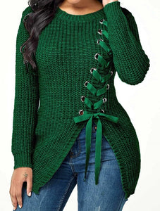 Women’s Laced Up Side Slit Pullover Knitted Sweater