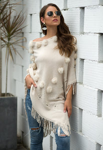 Women’s Bohemian Hairball Fringed & Knitted Poncho Sweater