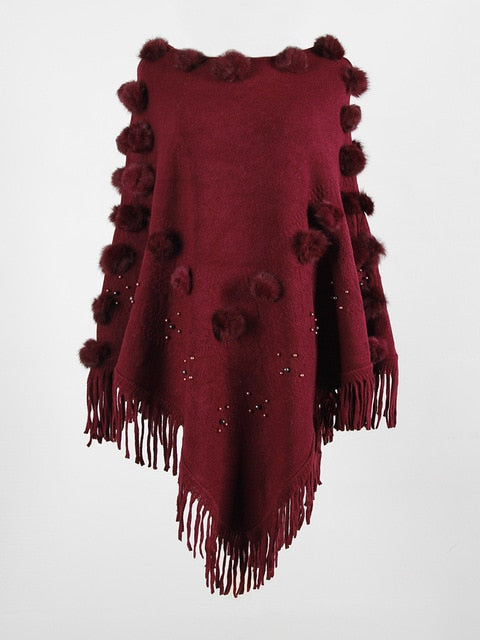 Women’s Bohemian Hairball Fringed & Knitted Poncho Sweater